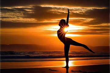 Yoga on the Beach During Sunset - 2D cel animation style drawing of a woman practicing yoga on the beach during sunset. Generative AI image with bright, colorful landscape and vibrant sky