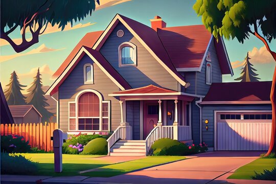 Generic image of a suburban two-story house on a nondescript street made to look like 2D modern animation by Generative AI.