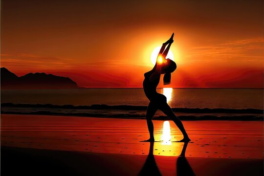 Yoga on the Beach During Sunset - 2D cel animation style drawing of a woman practicing yoga on the beach during sunset. Generative AI image with bright, colorful landscape and vibrant sky