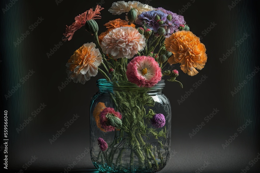 Poster a jar filled with lots of colorful flowers on a table top next to a wall with a black background beh