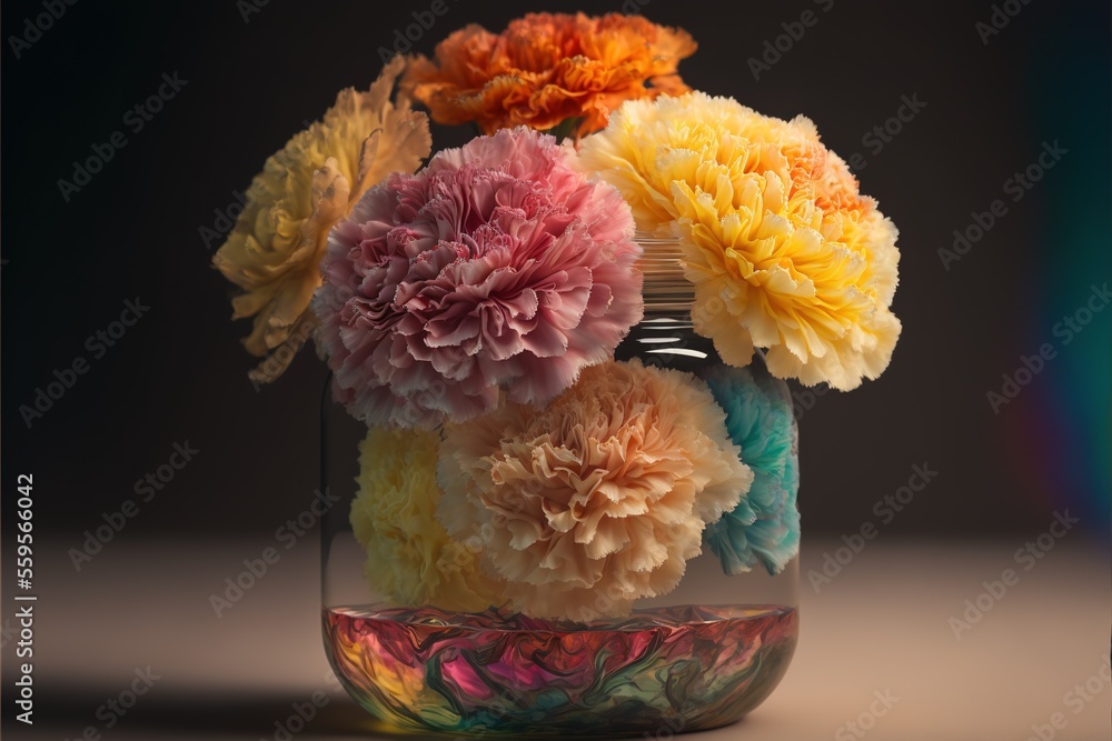 Poster a glass jar with flowers in it on a table top with a rainbow light in the background and a black bac