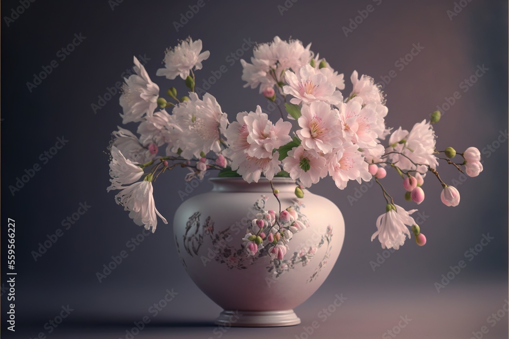Poster a vase with flowers in it on a table top with a gray background behind it and a dark background behi