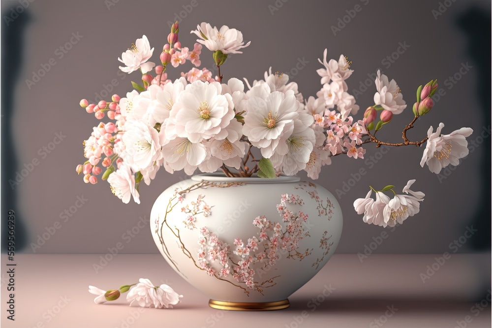 Aufkleber a vase with flowers in it sitting on a table next to a flower arrangement on a table top with a gray