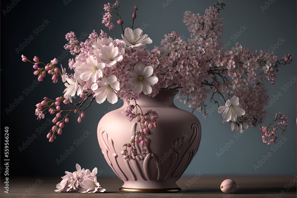 Poster a vase with flowers in it sitting on a table next to a ball and a pair of scissors on the table next