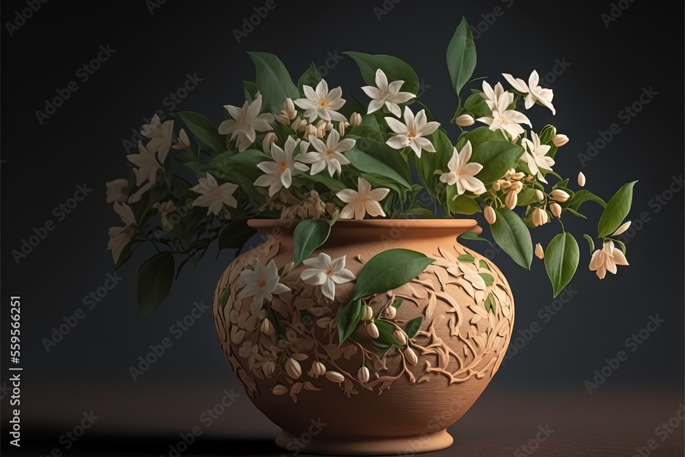 Poster a vase with flowers in it on a table top with a dark background behind it and a black background beh