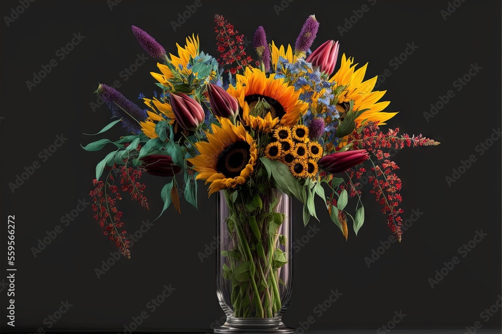 Poster  a vase filled with lots of different types of flowers on a table top next to a black background with a black background behind it and a black background behind it is a bla Generative AI
