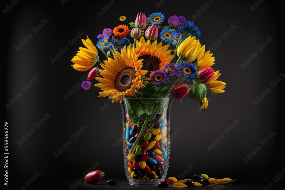 Poster  a vase filled with lots of colorful flowers and candy beans on a table next to a black background with a black background behind it and a black background with a black backdrop wit Generative AI