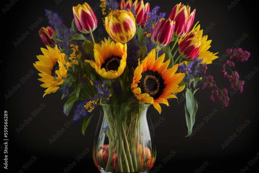 Poster a vase filled with lots of colorful flowers on a table top next to a black background with a black b