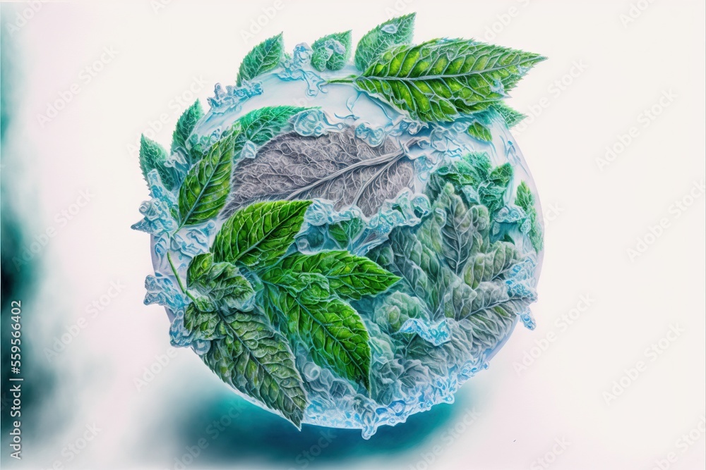 Poster a drawing of a leaf and a rock in the water with a white background and a green leaf on top of the r