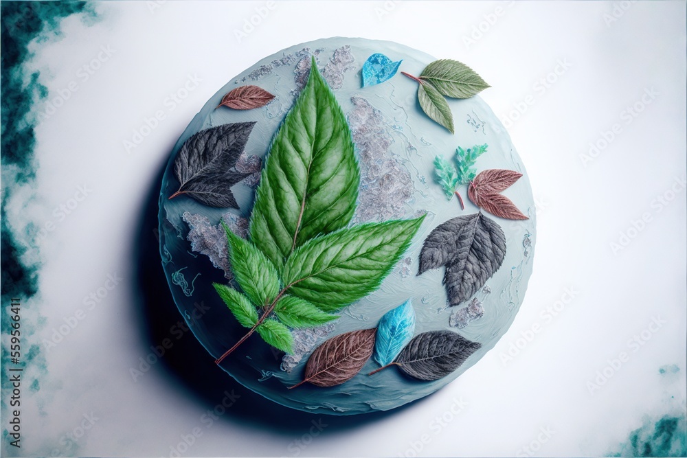 Poster a cake decorated with leaves and frosting on a table top with a blue background and a white backgrou