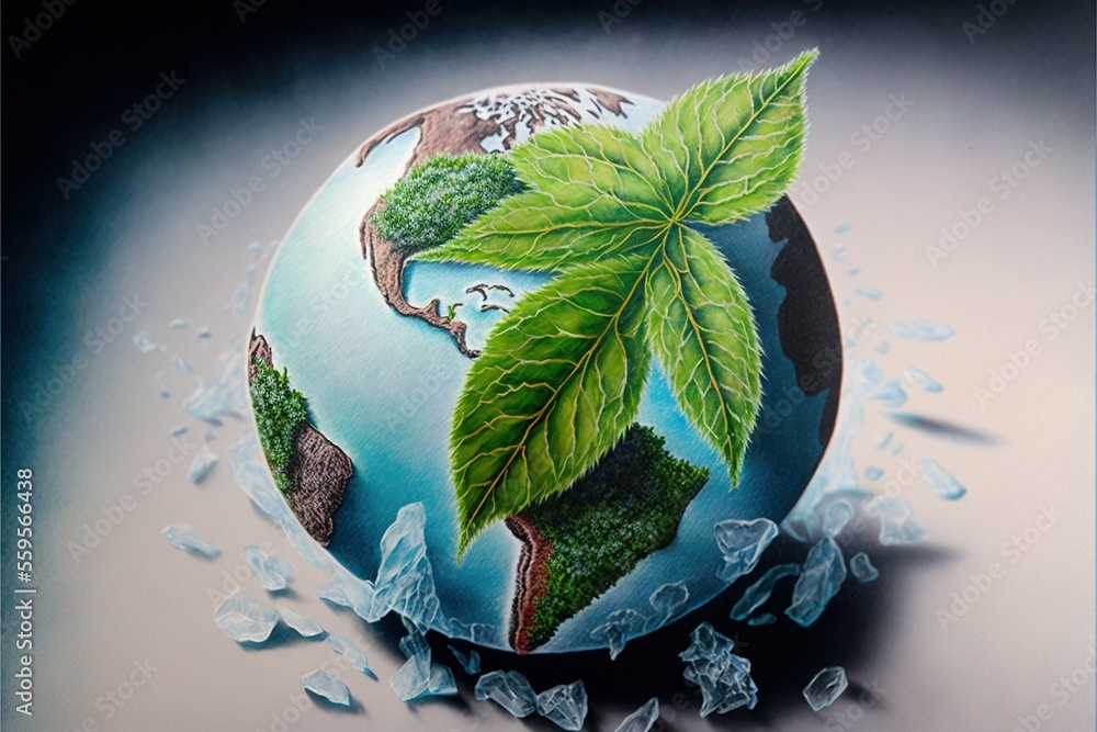 Poster a painting of a globe with a leaf on top of it and a tree on the top of it, surrounded by ice crysta