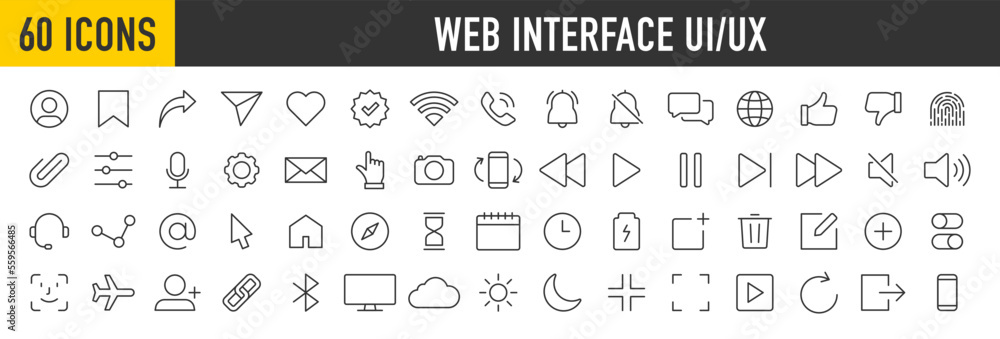 Poster set of 60 interface ui, ux web icons in line style. user, profile, message, mobile app, document fil