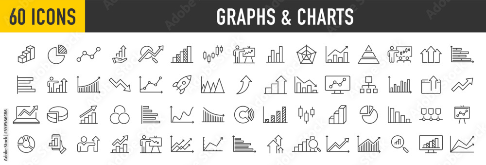 Poster set of 60 graph and charts web icons in line style. graphics, infographic, statistics, data, diagram