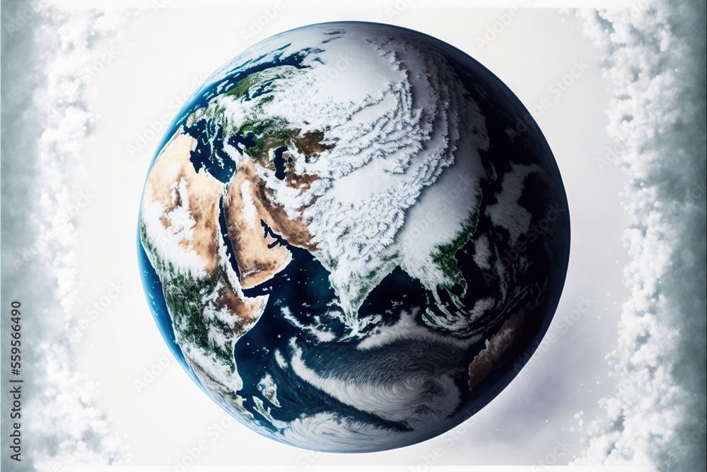 Poster a picture of the earth in the snow with a white background and a white border around it that says, e