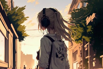 Fototapeta premium A young girl with a backpack and headphones is listening to music in a bright city at a sunset, pastel colors, generative ai