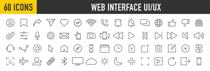 Set of 60 Interface ui, ux web icons in line style. User, profile, message, mobile app, document file, social media, button, home, chat, arrow, collection. Vector illustration.