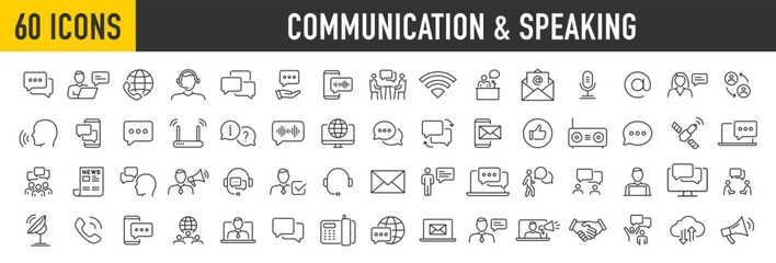 Set of 60 Communication and speaking web icons in line style. Chat, speech bubble, talking, point, chat, support, message, phone, globe, call, info collection. Vector illustration.
