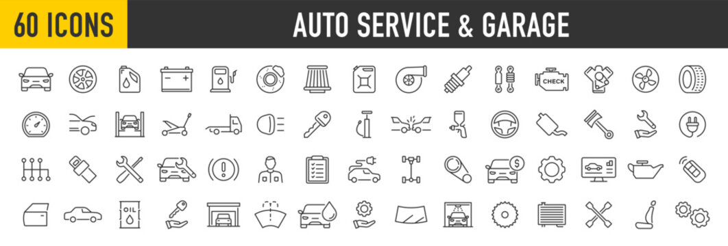 Set of 60 Auto service and garage web icons in line style. Car, automobile, wash, shop, oil, maintenance, engine, diagnostic, rapair, tire. Vector illustration.