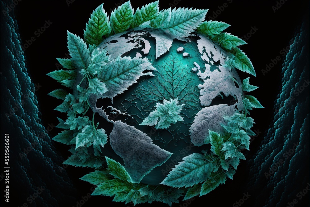 Poster a green globe with leaves around it on a black background with a black background and a green backgr