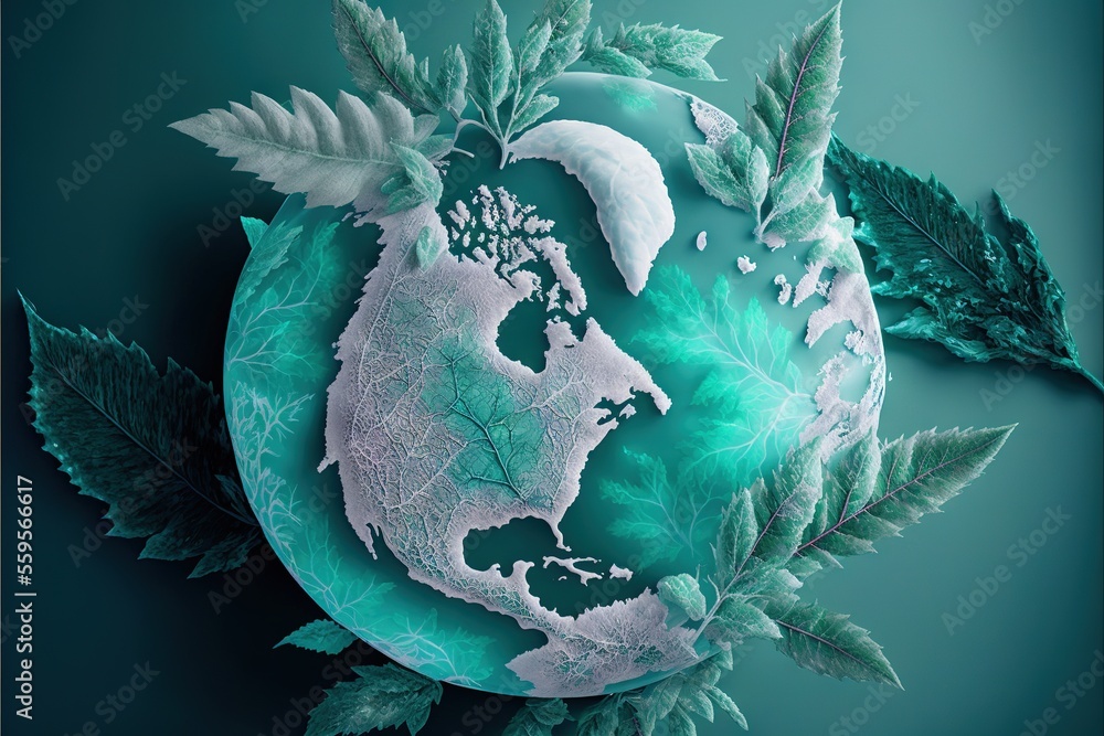 Poster a green globe with leaves and a leafy branch on it's side, with a map of the world on it's side, sur