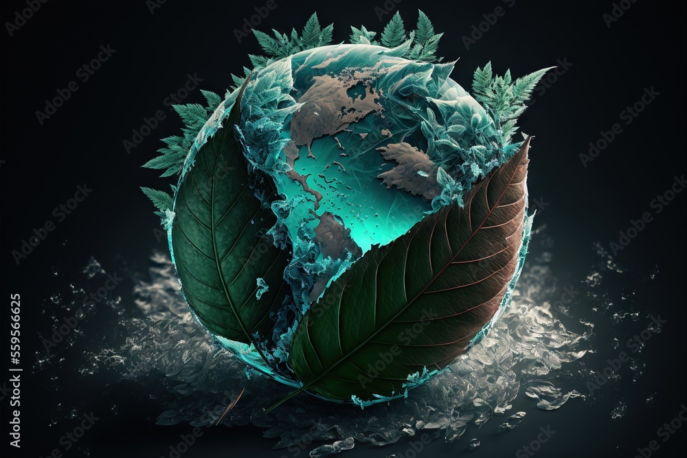 Poster a green leaf and a brown leaf on a black background with water and ice around it, with a planet in t