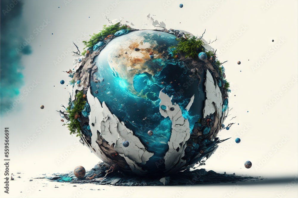 Poster a broken globe with a lot of debris around it and a few birds flying around it, with a white backgro