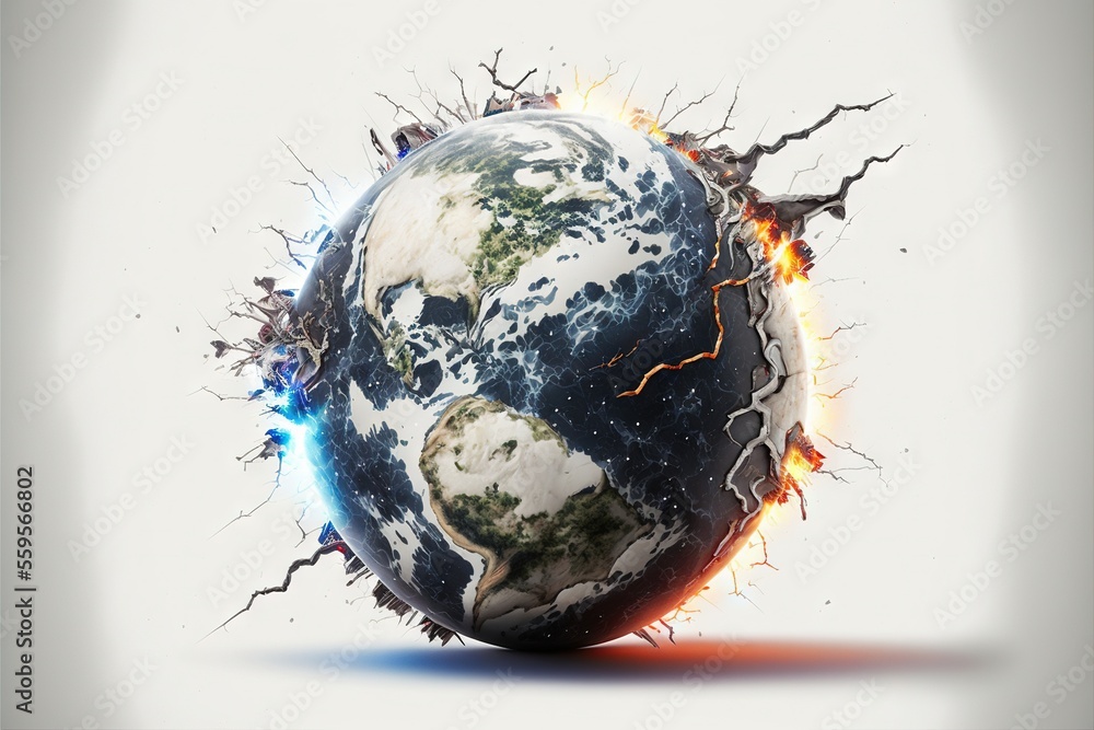 Poster a picture of a broken earth with a white background and a red light coming out of it's center and a 