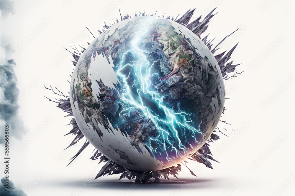 Poster a sphere with a bunch of lightning bolts on it's side and a white background with a blue and black d