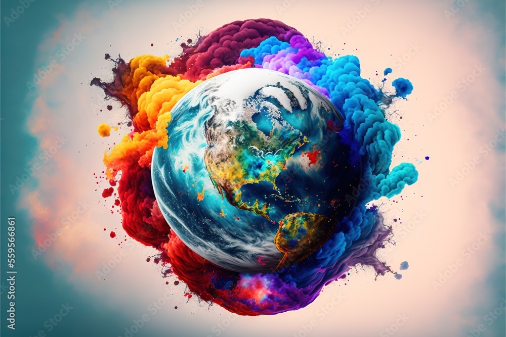 Poster a colorful picture of the earth with a lot of colors on it and a sky background with clouds and wate