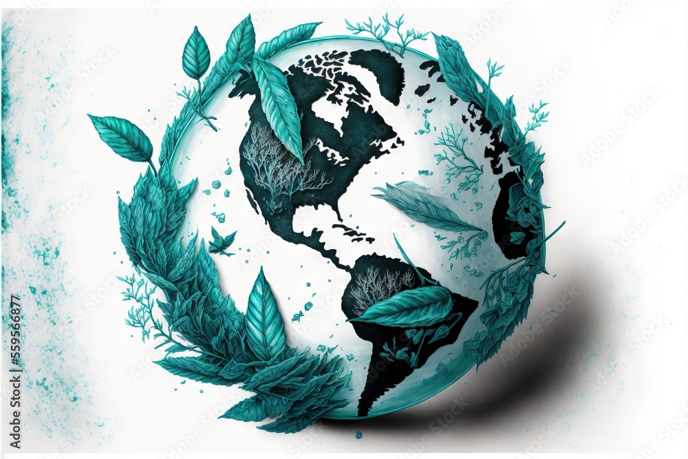 Poster a drawing of a globe with leaves around it and a tree branch around it on a white background with a 