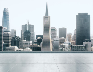 Fototapeta na wymiar Empty concrete rooftop on the background of a beautiful San Francisco city skyline at daytime, mockup