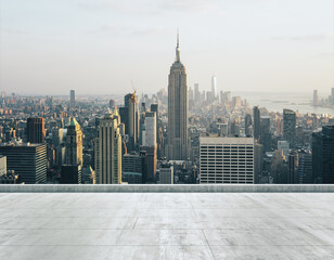 Empty concrete dirty rooftop on the background of a beautiful New York city skyline at morning,...