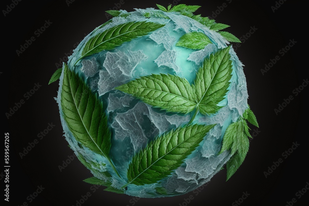 Poster a globe with leaves on it is shown in this image, it is dark and has a black background and is very 