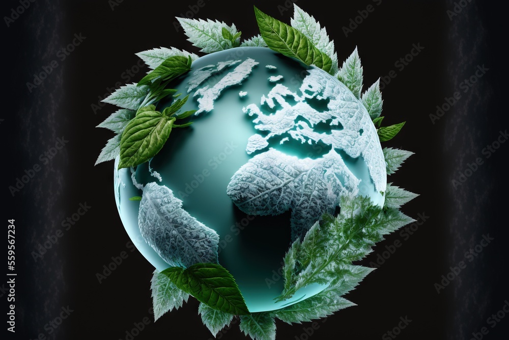 Poster a globe with leaves and snow on it is shown in a black background with a black background and a gree