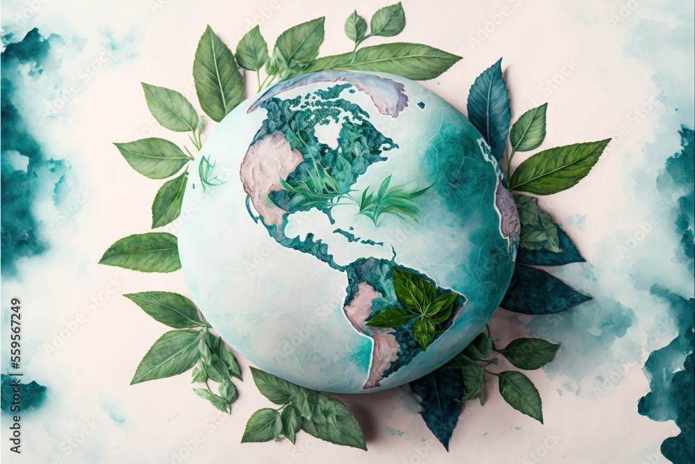 Poster a painting of a globe with leaves around it on a white background with a blue background and a green