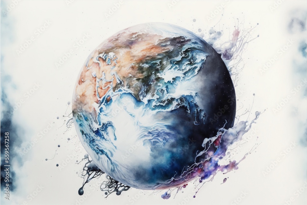 Poster a painting of a blue and brown earth with water splashes around it and a white background with a blu