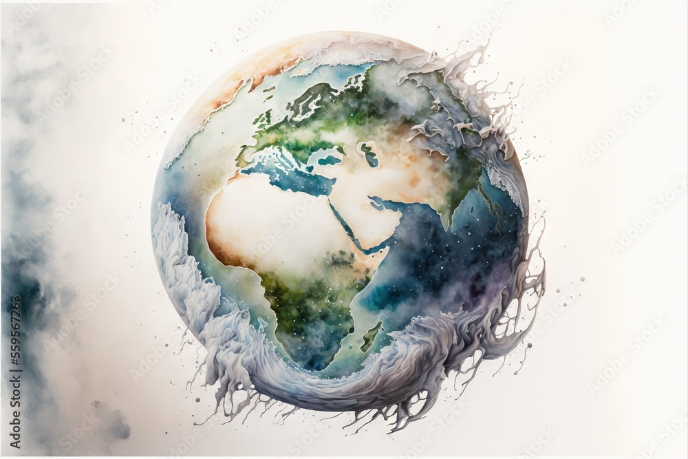 Poster a painting of a planet with a white background and a blue sky with clouds and a white background wit