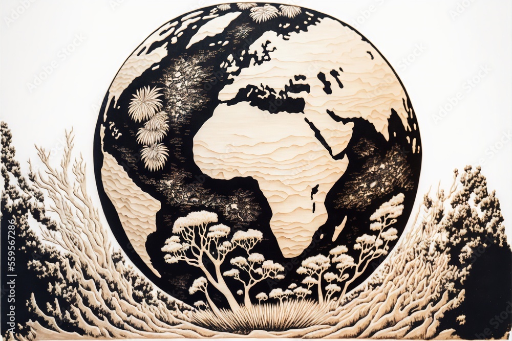 Poster a picture of a picture of the earth in the middle of a forest with trees and bushes around it, with 