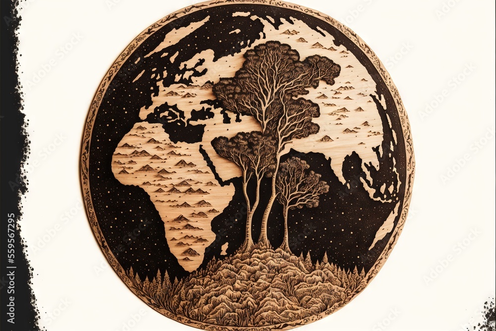 Poster a picture of a tree in a circle with a sky background and a map of the world on it's side, with a bl