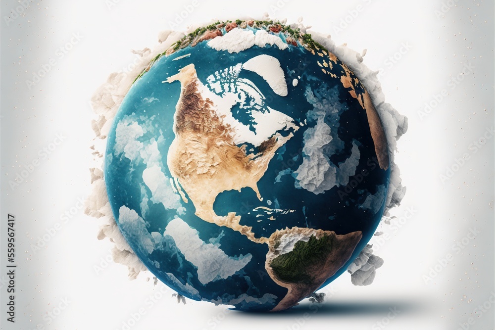 Poster a picture of a blue and white earth with clouds and a bird on top of it, with a white background and