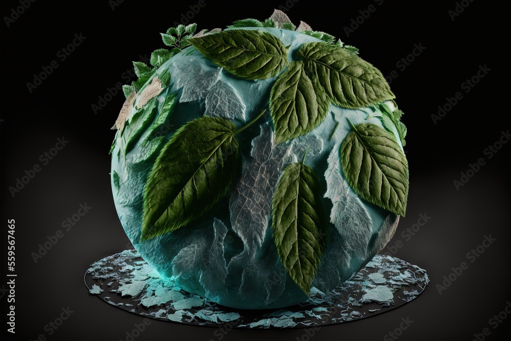 Poster a green vase with leaves on it on a black background with a black background and a black background 