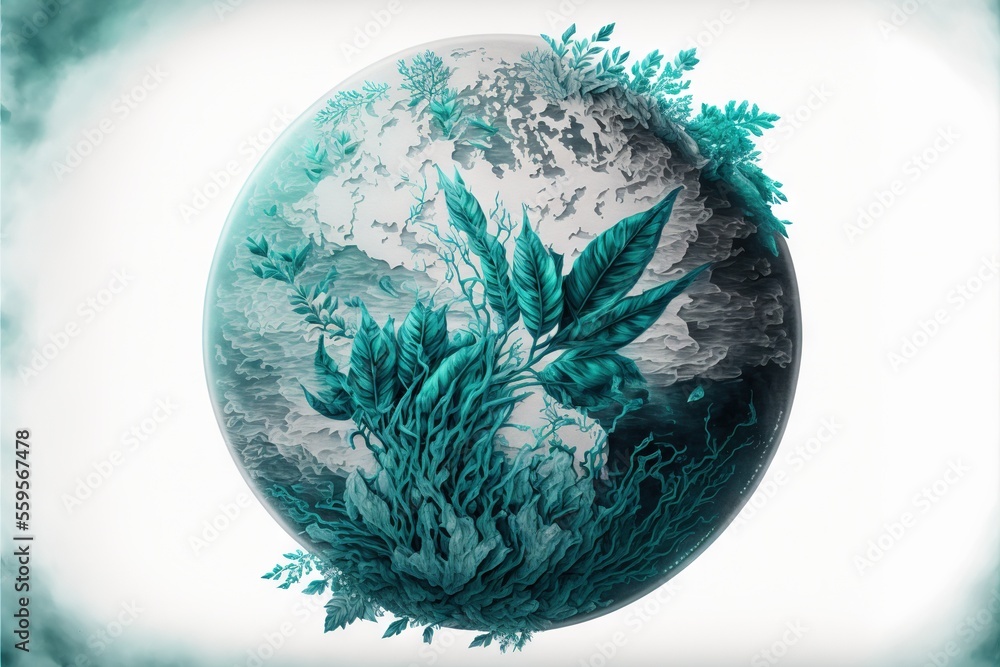 Poster a picture of a plant growing out of a round object with a sky background and a white background behi