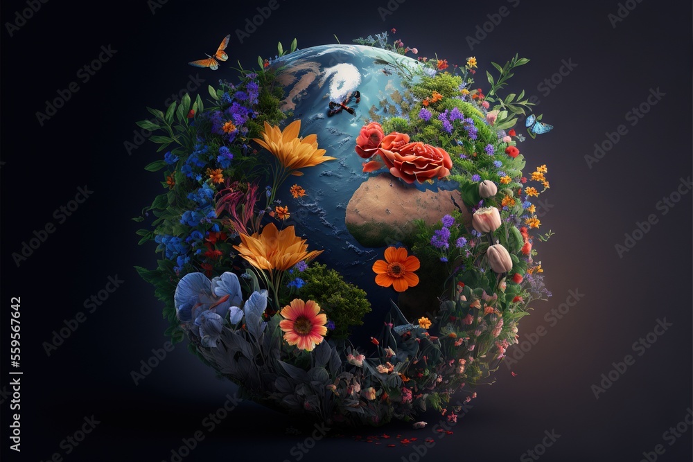 Poster a colorful globe with flowers and butterflies around it on a black background with a butterfly flyin