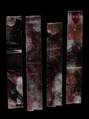 set of transparent adhesive tape or strips isolated on black background with smudgy bloody fingerprints and red color blood remain. cool design poster elements.