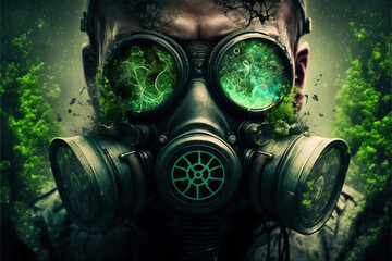 Post apocalyptic survivor in gas mask. Environmental disaster, armageddon concept.