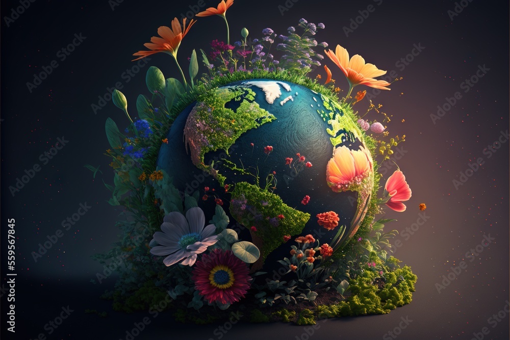 Poster a picture of a globe with flowers around it and a dark background with a black background and a blac