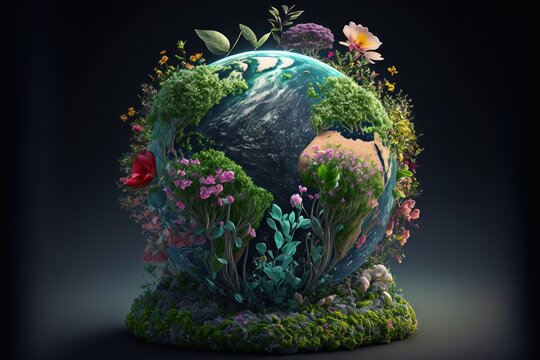  a picture of a globe with flowers and plants around it, and a red rose on top of it, in the middle of a black background is a black background with a black backdrop. Generative AI