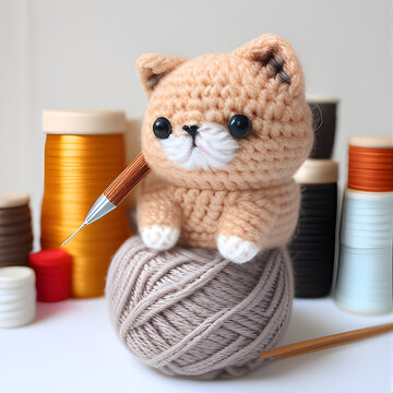 Orange Cat Yarn Amigurumi. Generative AI Handmade Animals. Craftstmanship and Craft.