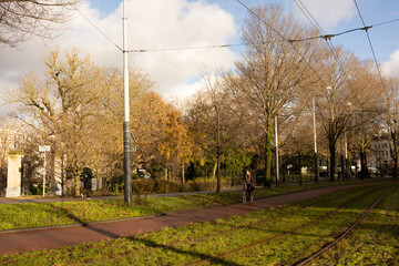 Obraz premium 22 December 2022, Amsterdam: Green park in spring season. Streetcar track. 