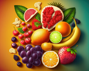 Fototapeta na wymiar Fresh fruits assorted fruits colorful background.Vitamins natural nutrition concept. (ai generated)